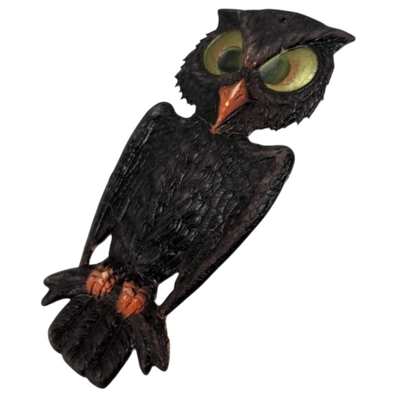 Vintage German Halloween Die Cut Owl Perched Bird Eyes HTF Embossed Pressed READ - Picture 5 of 17